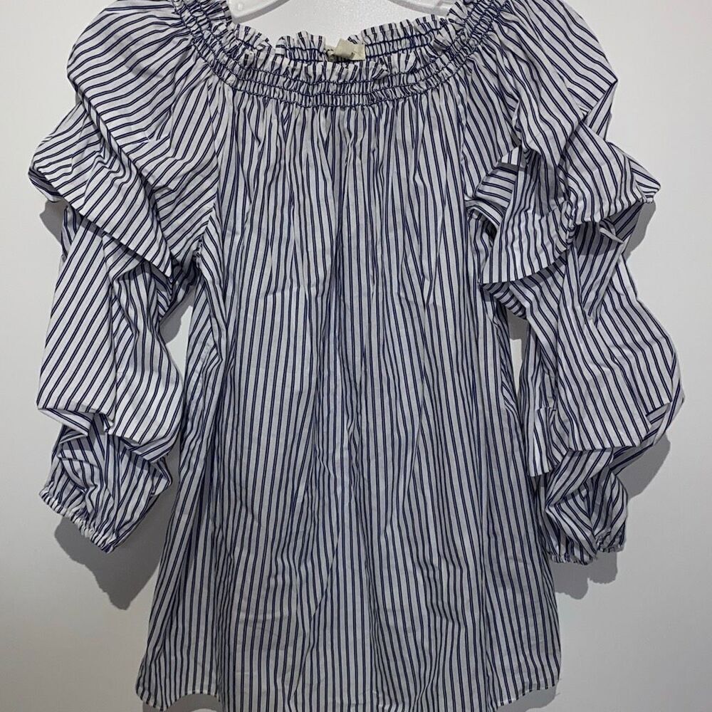 Max Studio Women's Navy White Stripe Off the Shoulder Ruffle Sleeve Top Large